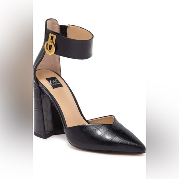 ZAC Zac Posen Black Croc-Embossed Heels.worn once.retail $150. Gold hardware. - Picture 1 of 7